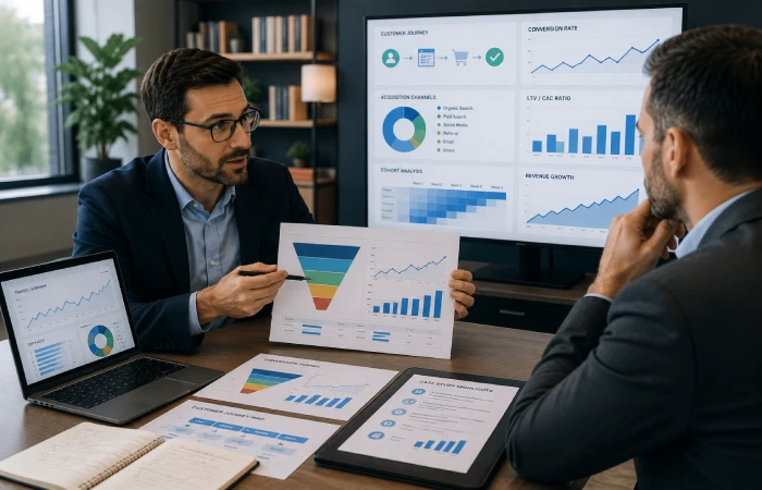 Growth marketing consultant evaluating funnel performance and customer acquisition metrics