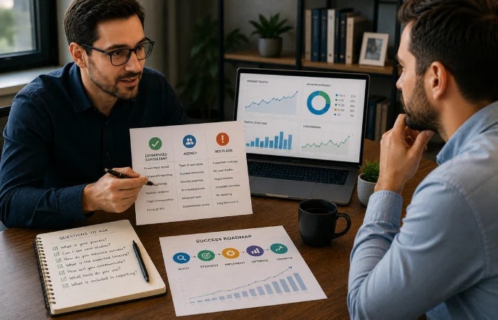 Business leader interviewing an SEO professional during a strategic consultation meeting