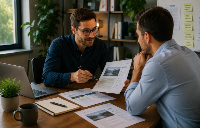 Business owner evaluating an SEO writing professional