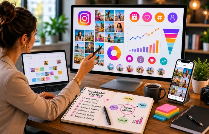 Marketing professional reviewing short-form video content and audience engagement data