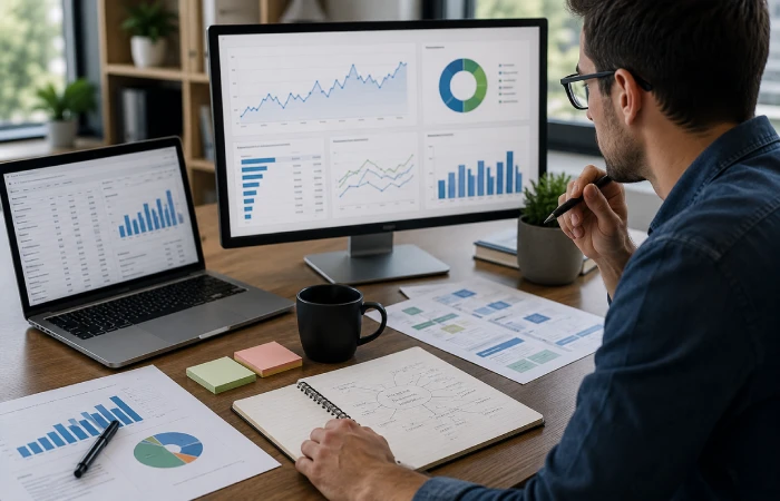 SEO professional analyzing keyword opportunities and search trends on multiple screens
