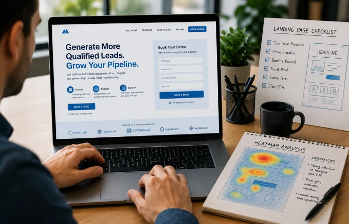 User interacting with a modern landing page designed for lead capture and conversion