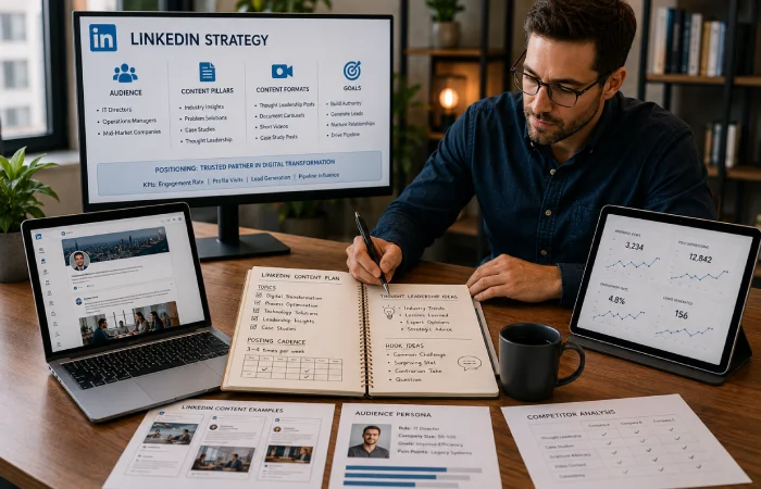 Business professional developing thought leadership content for executive branding