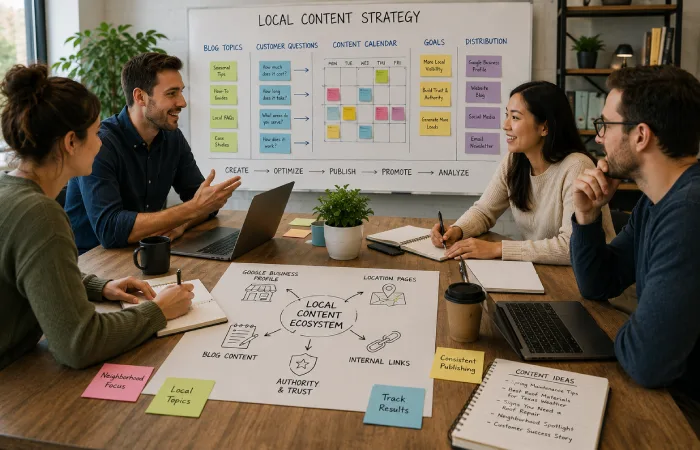 Team planning local content marketing strategy for business growth