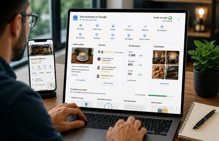 Digital marketer optimizing local service pages and website content for geographic relevance