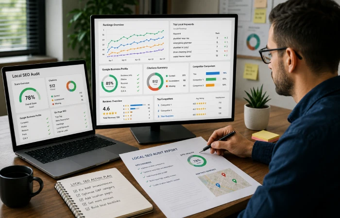 SEO specialist reviewing local search audit reports, competitor analysis, and business listings