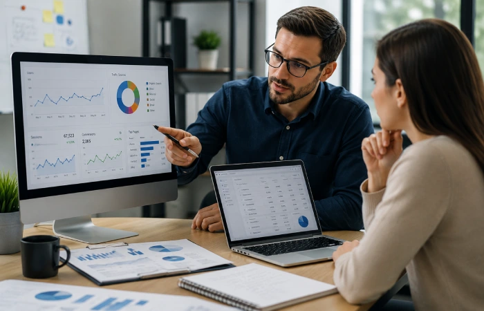 Consultant conducting a digital marketing audit and performance review