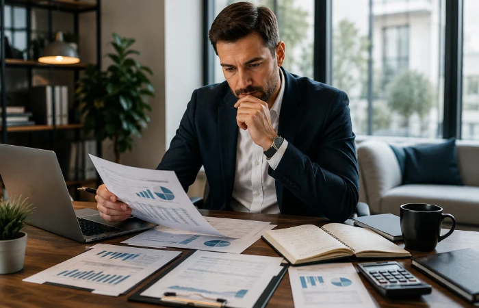 Business owner reviewing budgets and marketing investment options on a desk with financial documents