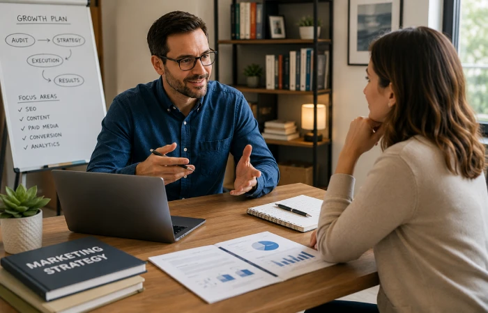 Independent marketing consultant meeting with a business owner in an office