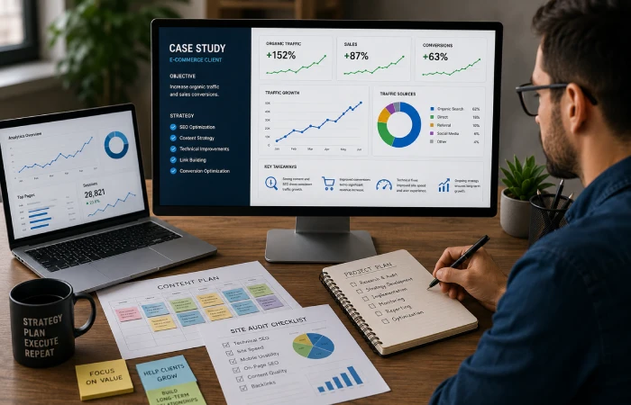 Consultant preparing performance reports and marketing case studies at a desk with analytics dashboards