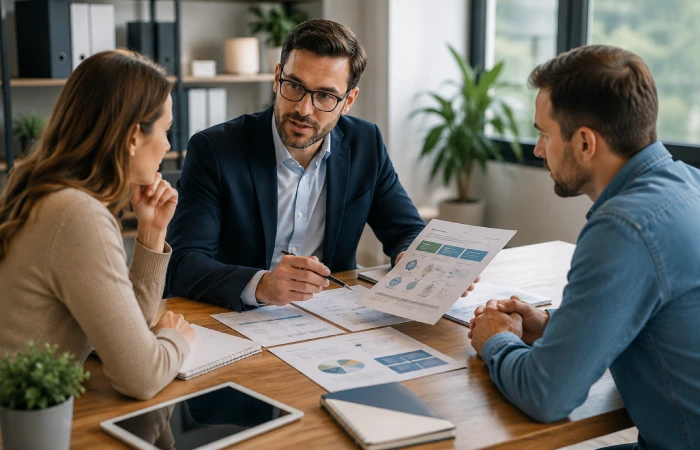 Consultant explaining marketing service options during a client meeting