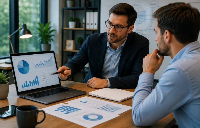 Marketing consultant presenting growth strategy and recommendations during a client meeting