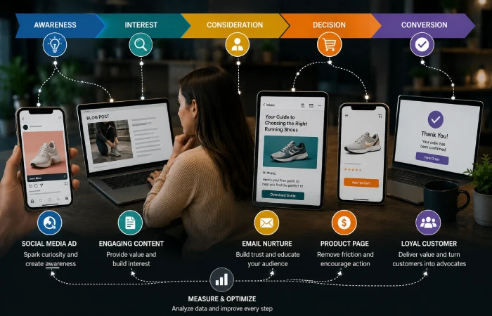 Customer progressing through a marketing funnel