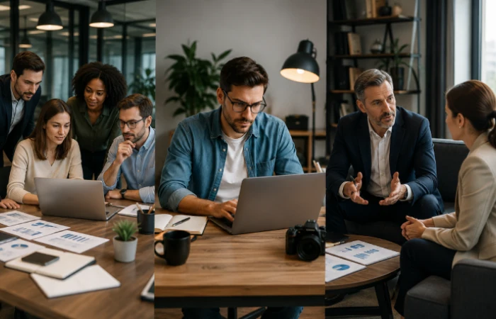 Agency team collaborating while a freelancer works independently and a consultant presents strategic recommendations
