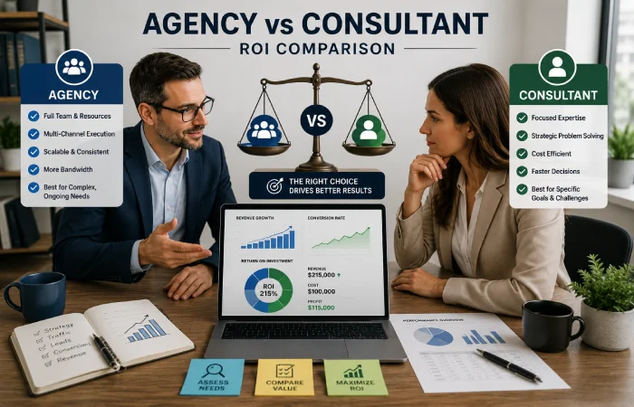 Business professionals analyzing marketing performance and return on investment