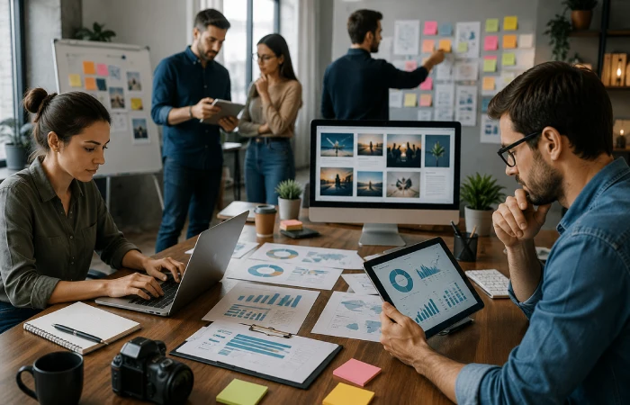 Marketing professionals managing SEO, advertising, content, and strategy across multiple channels
