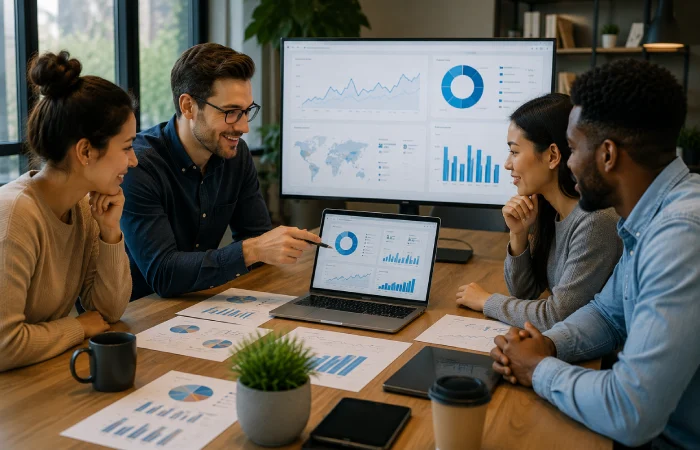 Marketing team evaluating social media engagement performance