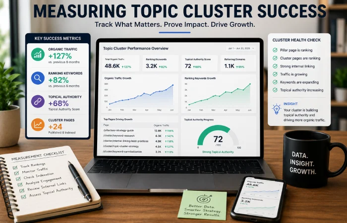 SEO analyst reviewing website growth metrics and performance dashboards
