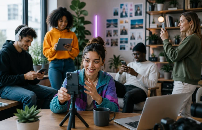 Content creator recording short-form video content with a smartphone in a modern workspace