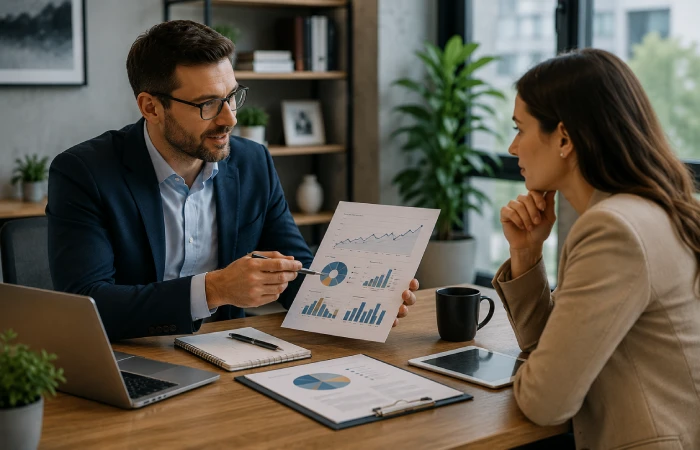 Consultant and client evaluating marketing performance results