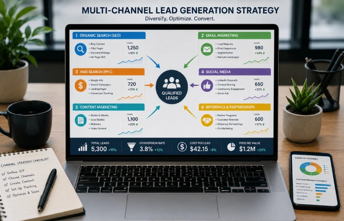 Digital marketing dashboard showing organic search, email marketing, paid search, and professional networking activity