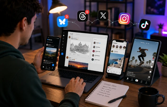 User switching between several social media apps across devices in a home workspace