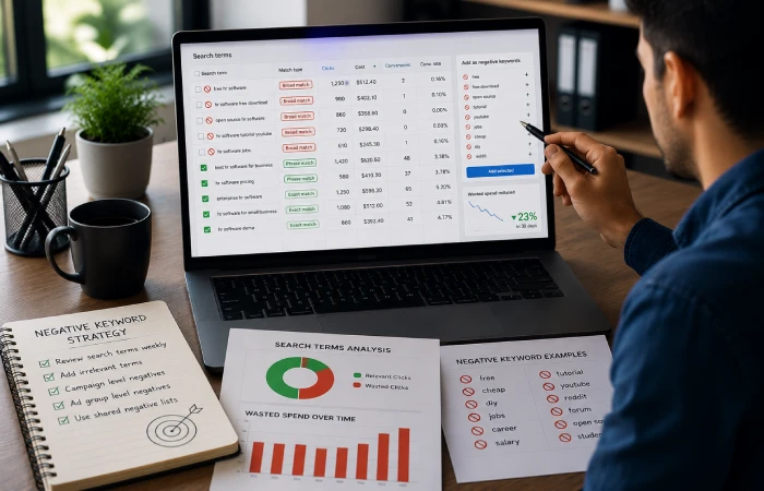 Reviewing search terms and negative keywords in PPC campaigns