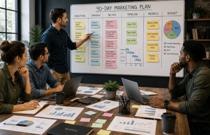 Team creating a structured marketing plan