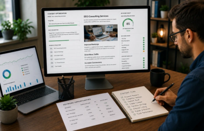 Content strategist optimizing website pages, content structure, and search intent alignment