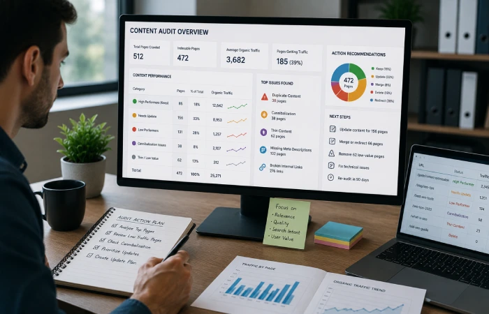 Digital marketer analyzing webpage structure, headings, and internal linking strategy on a computer screen