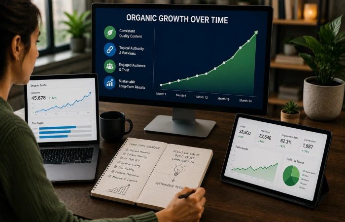 Business professional monitoring long-term website traffic and audience growth trends
