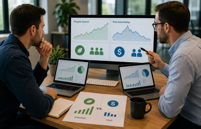 Business professionals comparing organic search growth with paid advertising campaign results