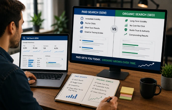 Marketer comparing paid advertising performance with organic website traffic metrics