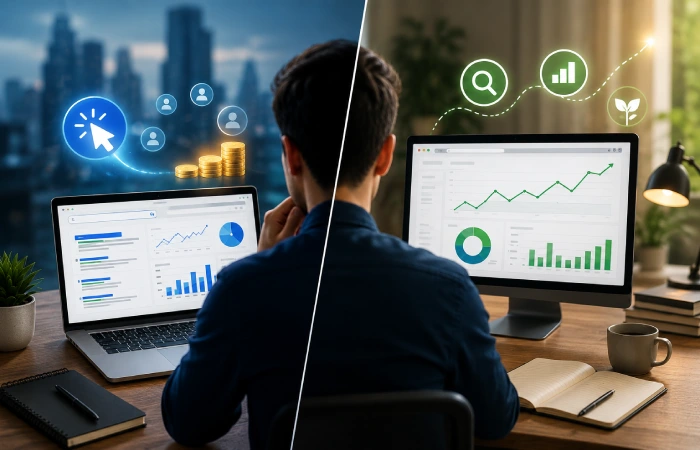 Comparison between PPC advertising and SEO marketing strategies