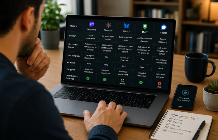 Person comparing different social and messaging applications on a laptop while making informed privacy choices