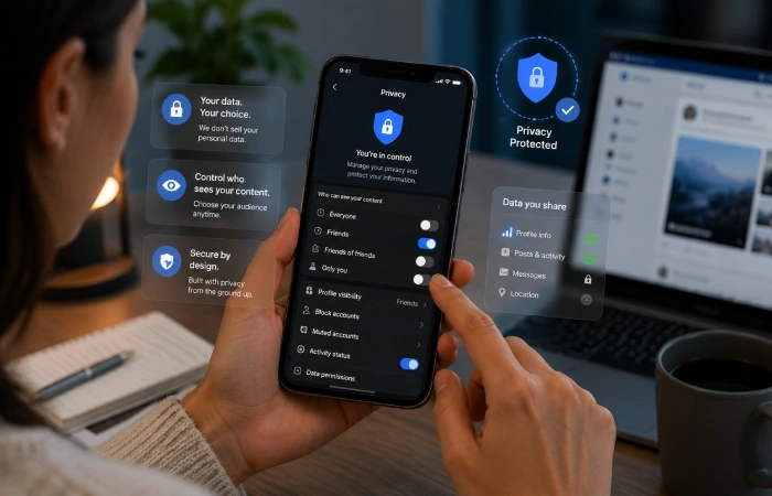 Person reviewing privacy settings on a smartphone with secure digital interface elements