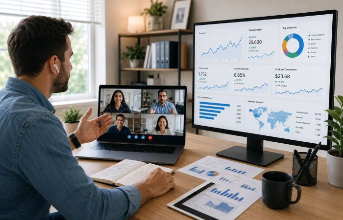 Remote marketing consultant collaborating with client through virtual meeting and analytics review