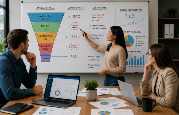 Sales and marketing team analyzing customer journey stages and conversion performance
