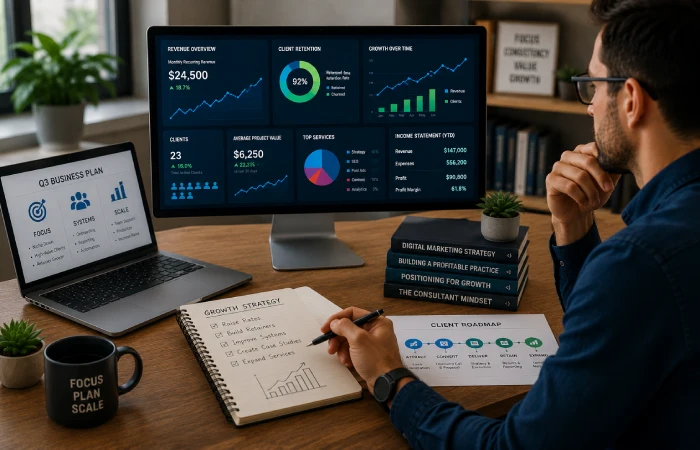 Experienced consultant reviewing business growth metrics, client reports, and long-term strategy plans