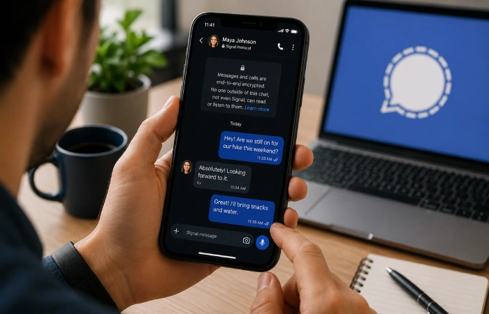 Smartphone displaying a private messaging conversation while user communicates securely from a modern workspace