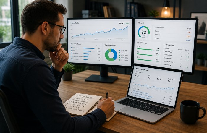 SEO expert reviewing website optimization and search performance metrics