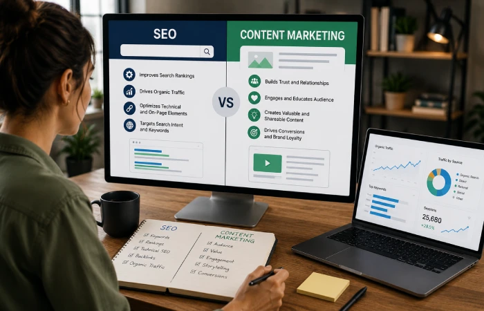 Marketing professional analyzing website content alongside search performance data