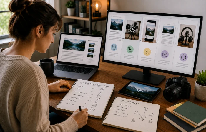 Professional writer creating in-depth content supported by research and search intent analysis