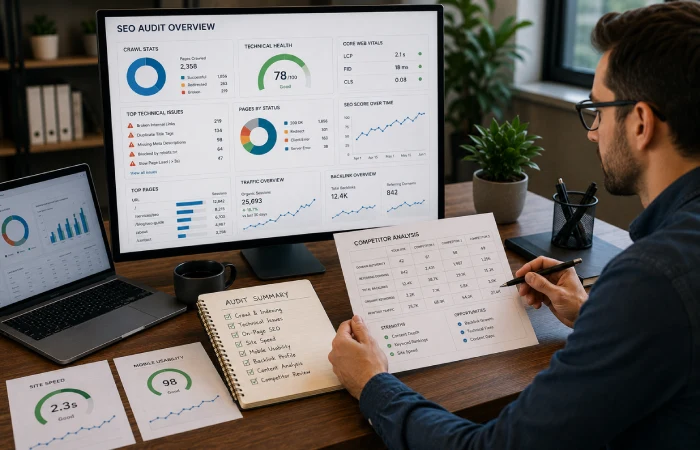 Digital marketing professional reviewing website performance reports and technical audit findings