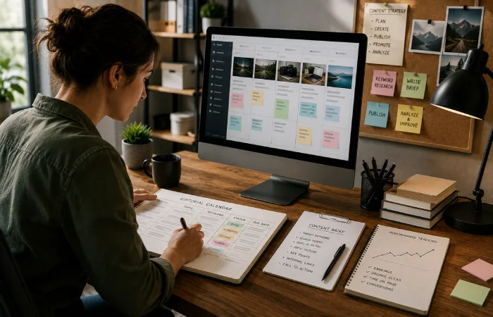 Marketing professional managing editorial calendars, content planning, and blog optimization activities