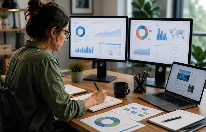 Content marketer creating SEO-focused blog content with keyword research insights