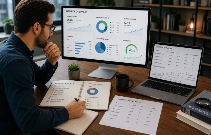 SEO specialist analyzing website data, search rankings, and competitor insights in a professional office