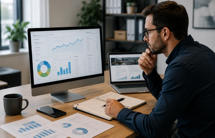 SEO specialist analyzing website performance and search visibility on multiple screens