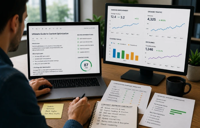 Marketing professional reviewing website content inventory and performance metrics for optimization decisions