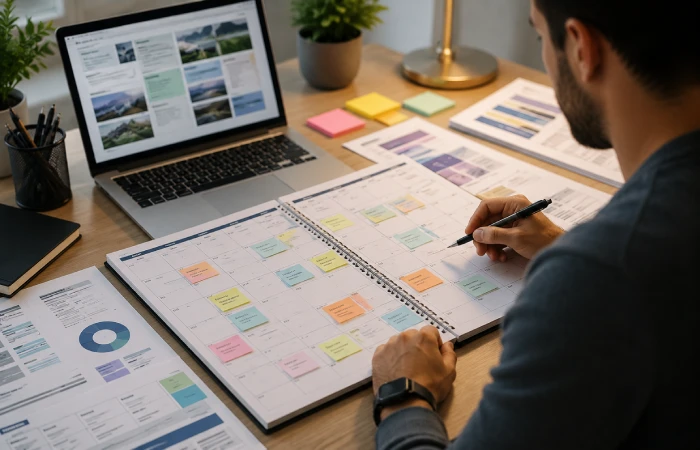 Content strategist reviewing a structured editorial calendar with marketing documents and planning tools